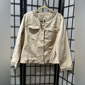 AV/X AVENUE OATMEAL COLOR JEAN EMBELLISHED TRIM JACKET SIZE 22/24
